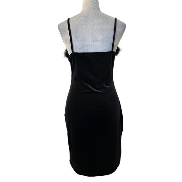 SHEIN Slayer Mini Dress Womens L Black Velvet V-Neck Fur Trimmed Spaghetti Strap - Picture 2 of 7